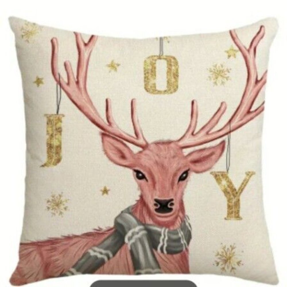 vintage style Christmas Pink Deer, gold Joy cushion Pillow Cover 17.7"x17.7" NEW